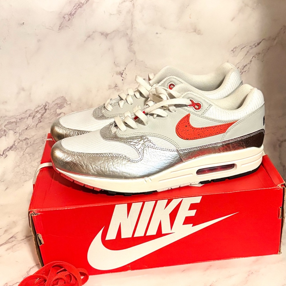 Nike Air Max Shoes in Metallic Silver and Bright Red